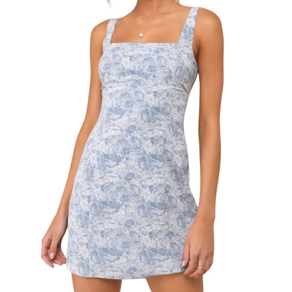 NWT Lulus Exuberant Chicness Blue Floral Toile Sleeveless Mini Dress S Party